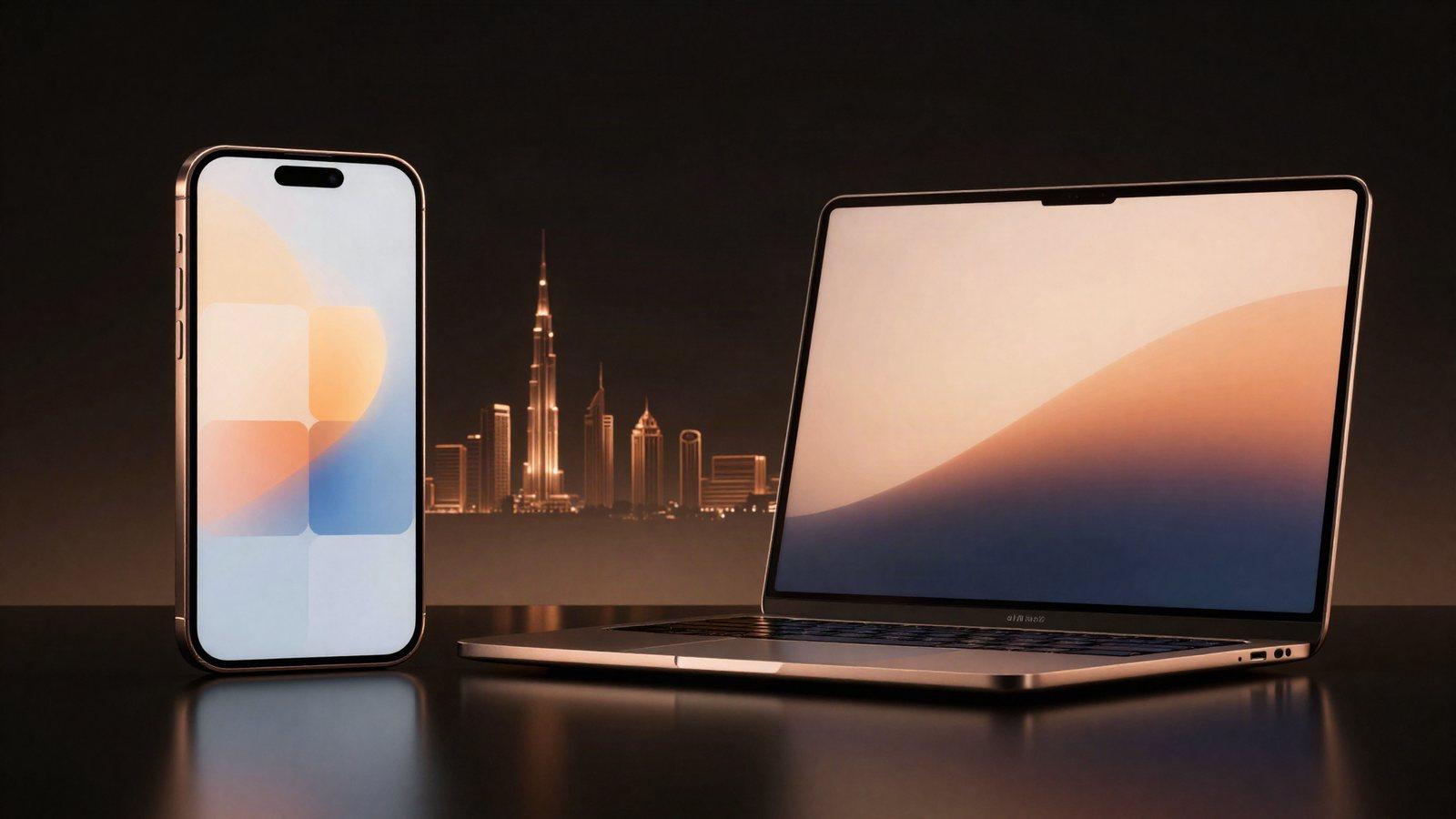 A smartphone and laptop showing an online storefront, with the Dubai skyline glowing in copper light behind them