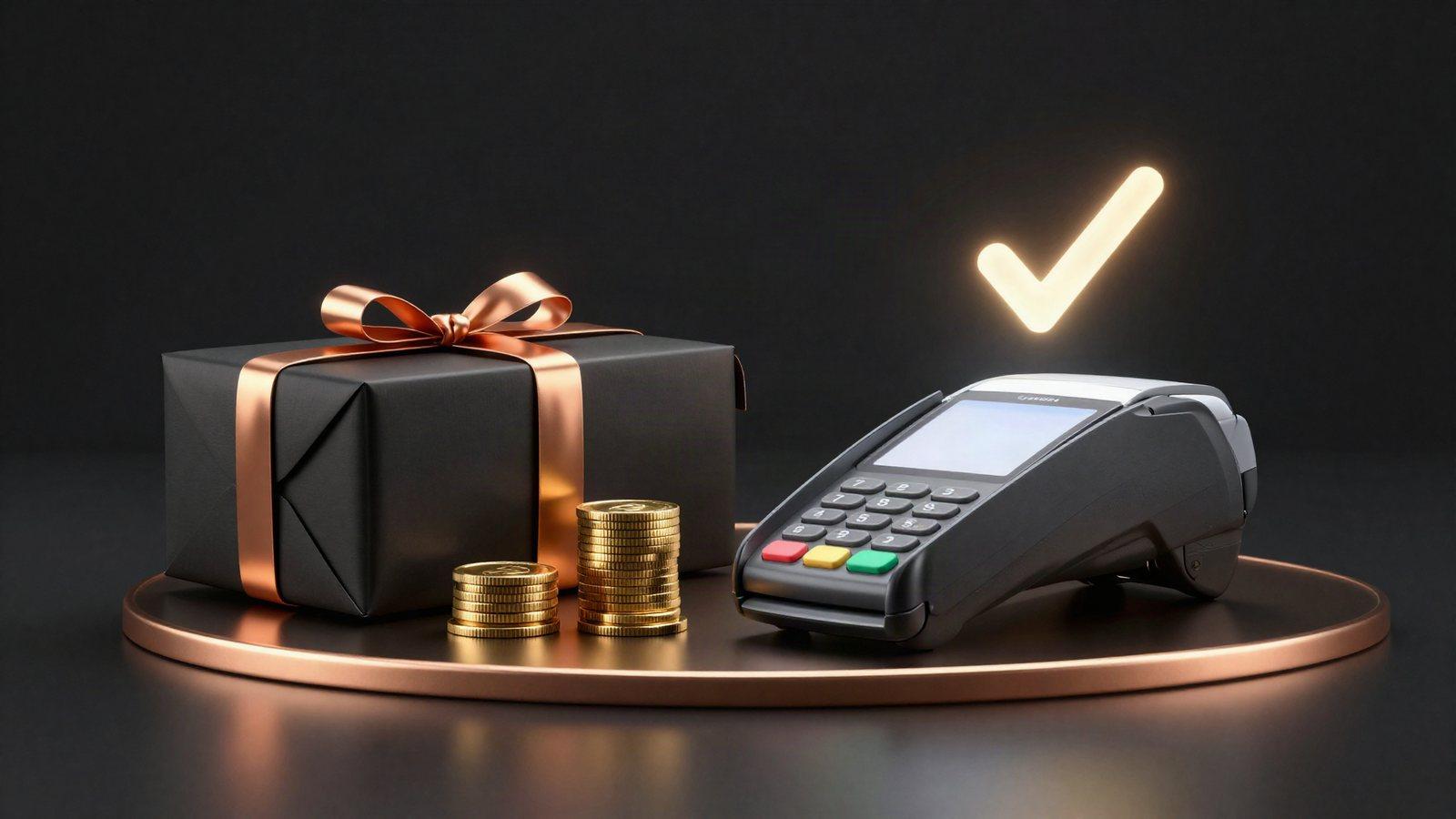 A black parcel with a copper ribbon beside gold coins and a card payment terminal, with a glowing checkmark above