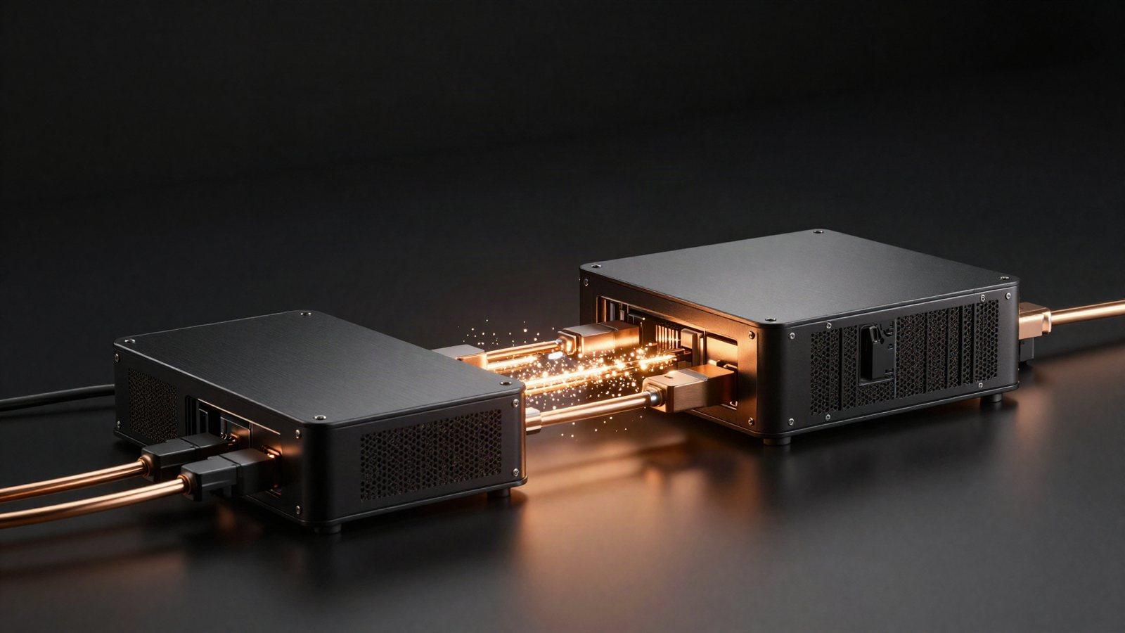 Two black server modules linked by glowing copper data cables, representing an online store syncing with an ERP