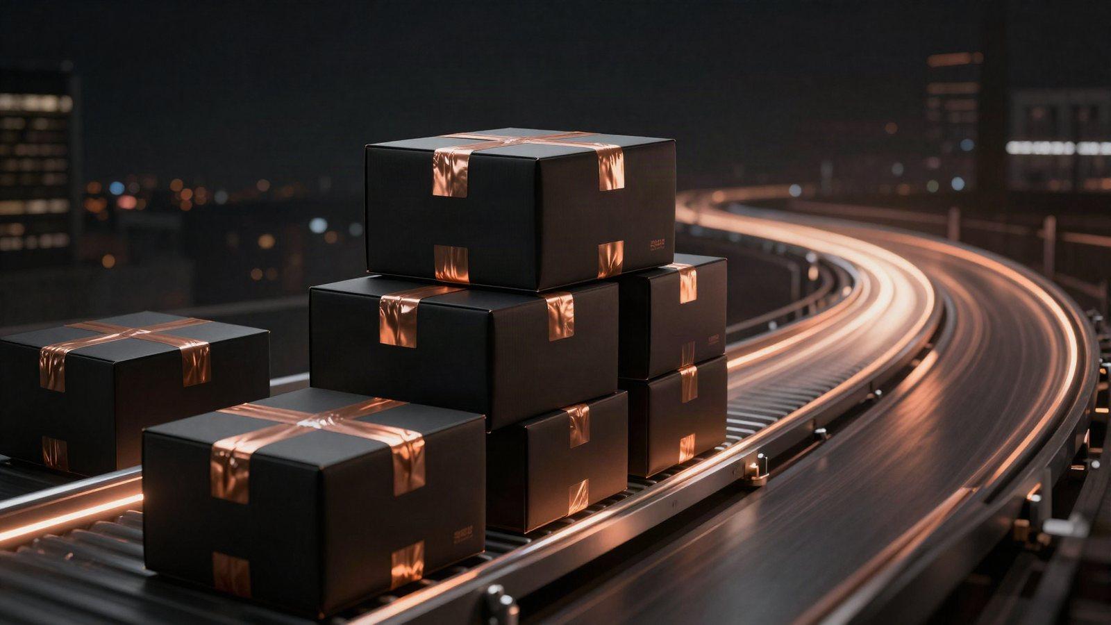 Black parcels sealed with copper tape moving along a conveyor, with delivery light trails through a city at night