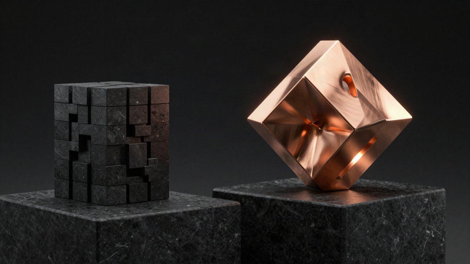 A stack of identical modular blocks beside a custom-machined copper sculpture, representing template versus custom builds